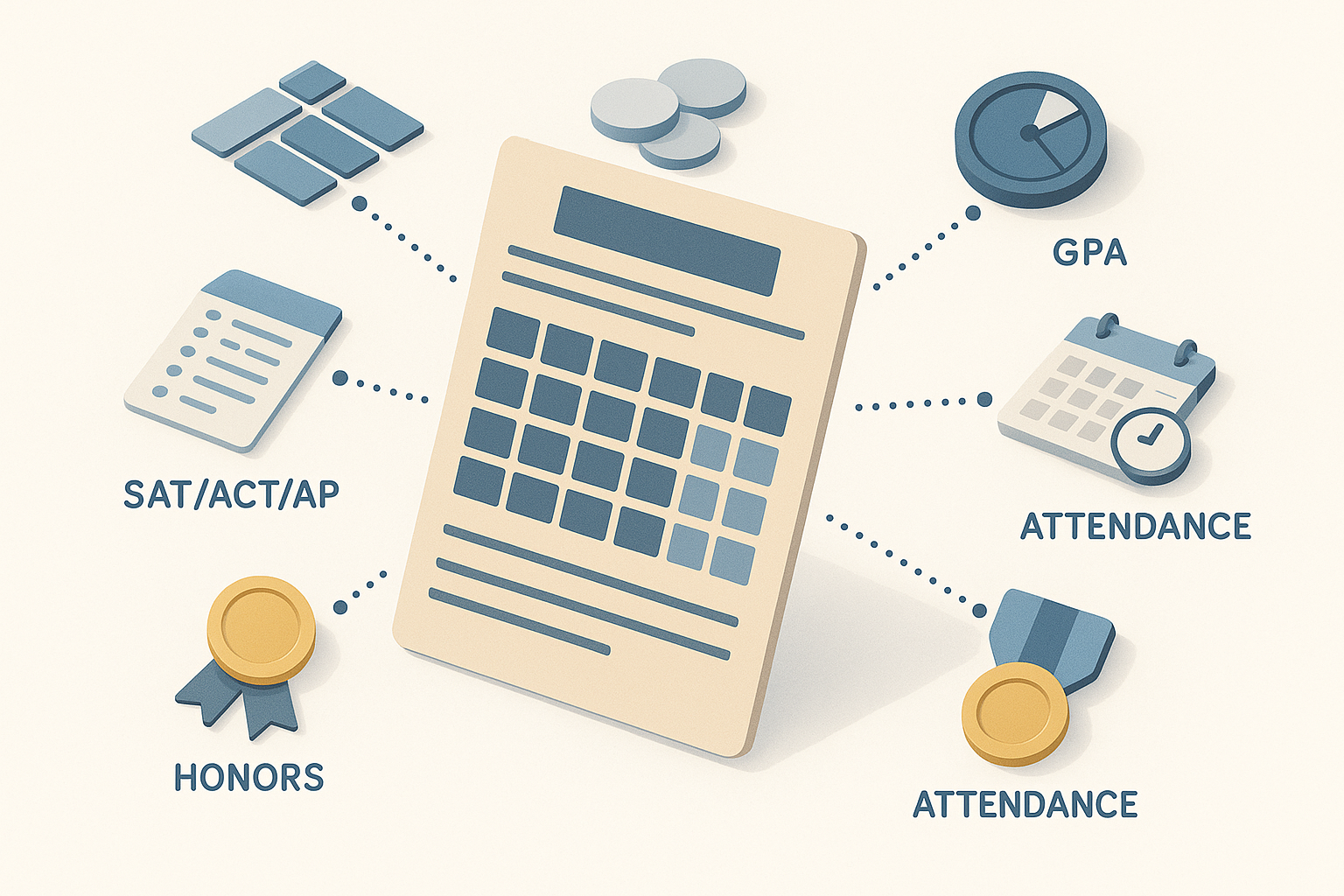 Transcript overview showing courses, credits, GPA, tests, honors, and attendance