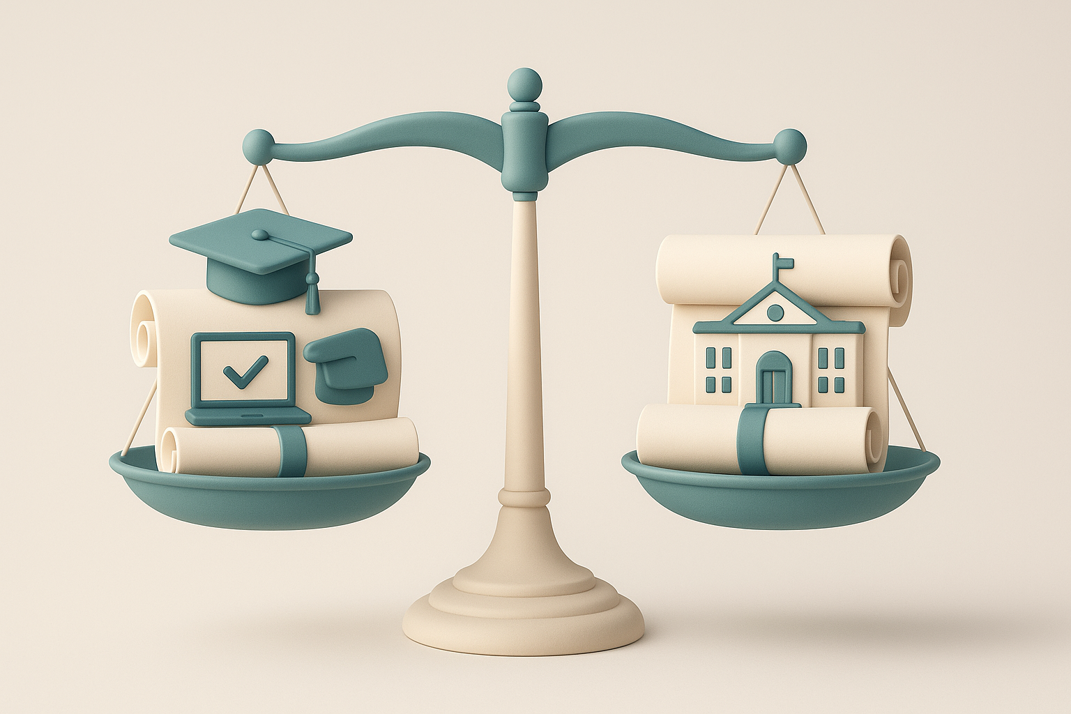 Balanced scale showing online GED and traditional diploma equivalency