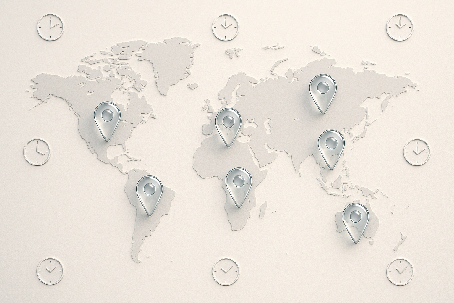 Global test centers map with clock icons for time zones
