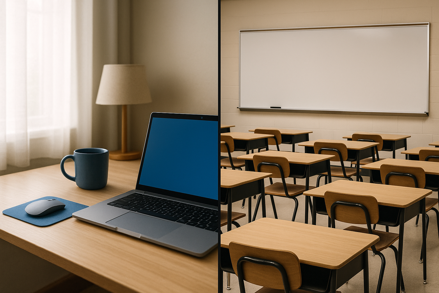 Split-screen comparison of a cozy home desk versus an empty classroom