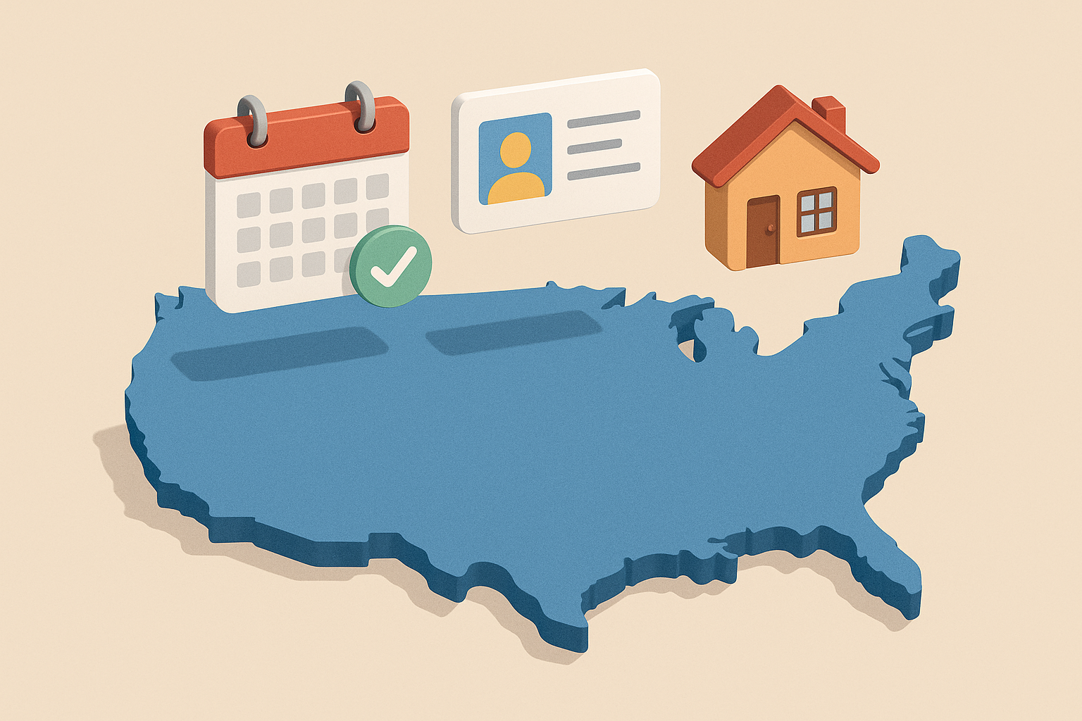 US map with calendar, ID, and home icons showing eligibility factors