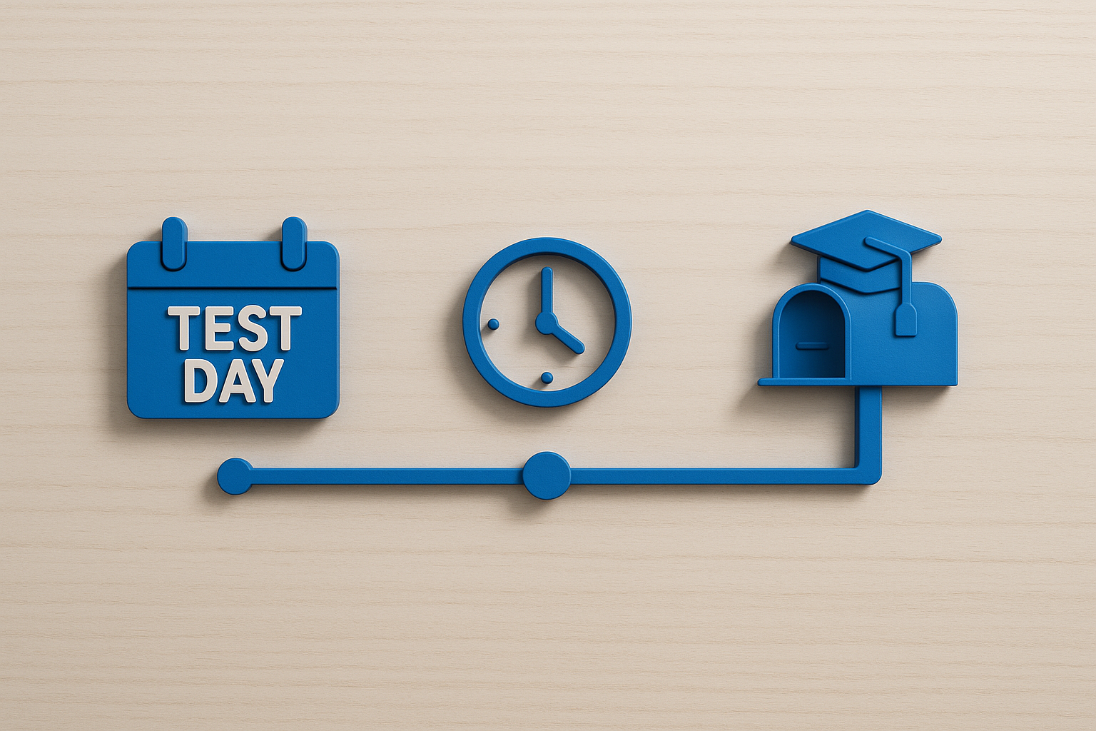 Timeline showing two-week progress from test day to college mailbox