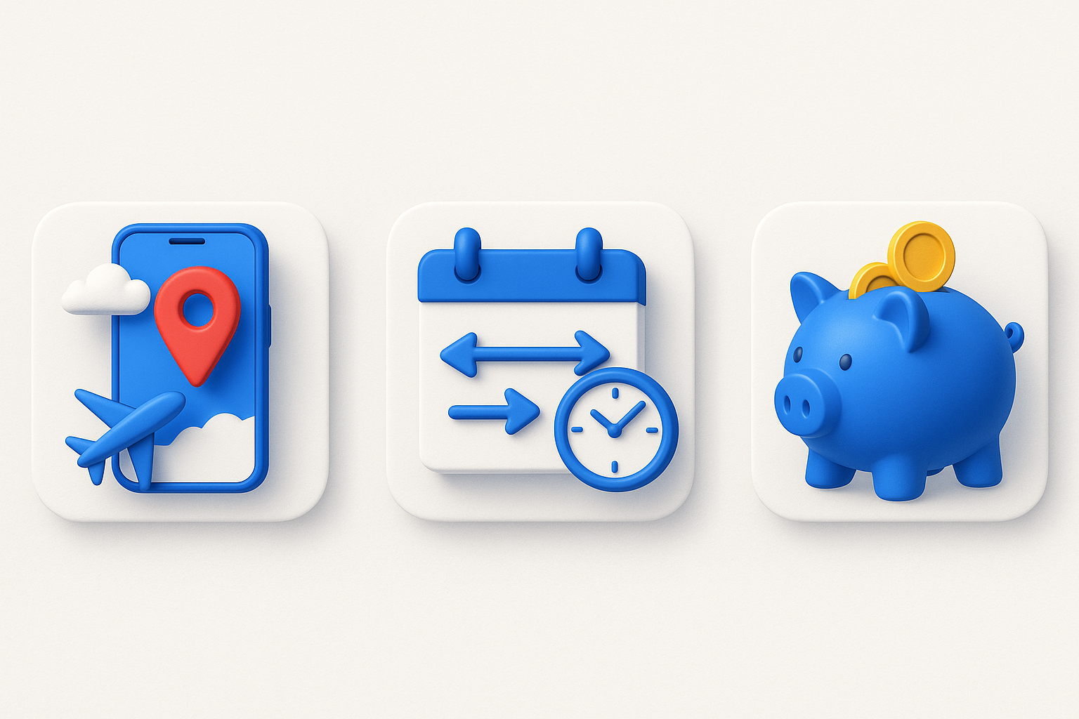 Three-tile infographic with travel, scheduling, and savings icons