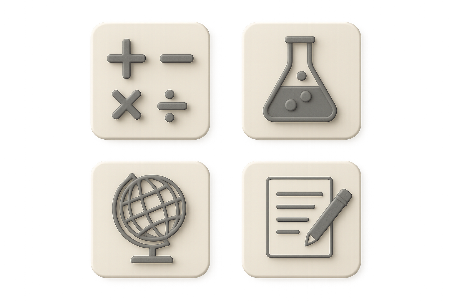 Subject tiles for math, science, social studies, and language arts