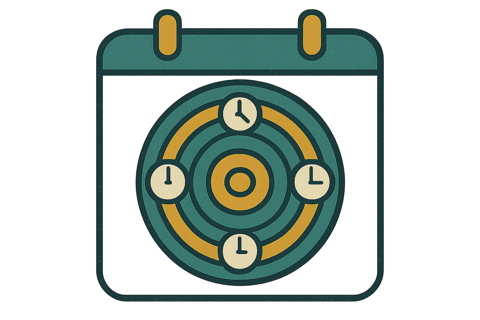 calendar tile with teal and amber concentric rings and clock icons
