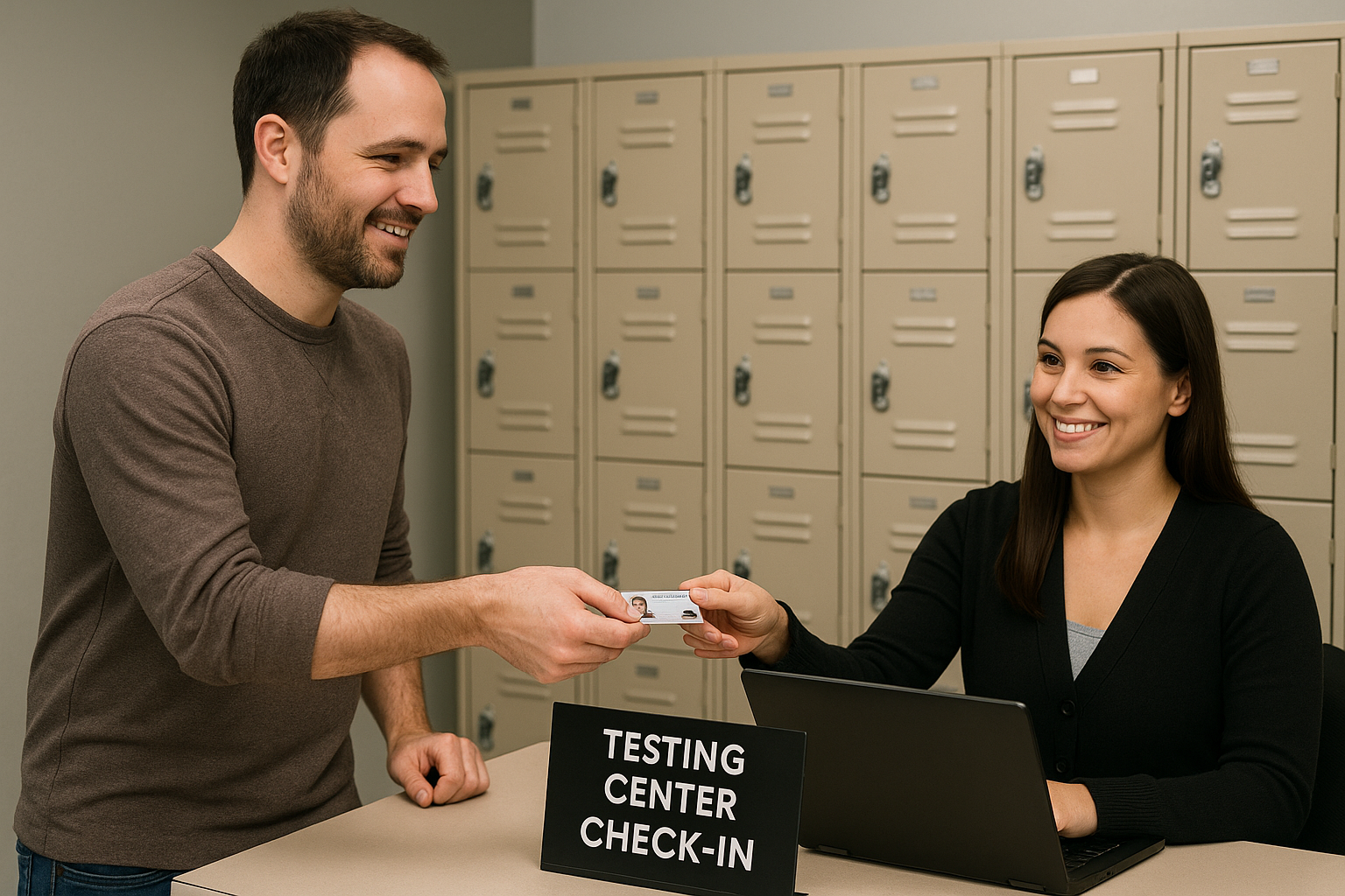 Proctor verifying ID at testing center check-in