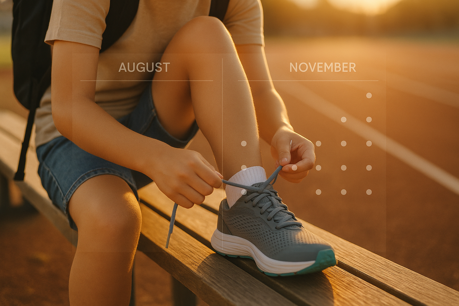 Seasonal training plan with student lacing up and calendar marking August and November