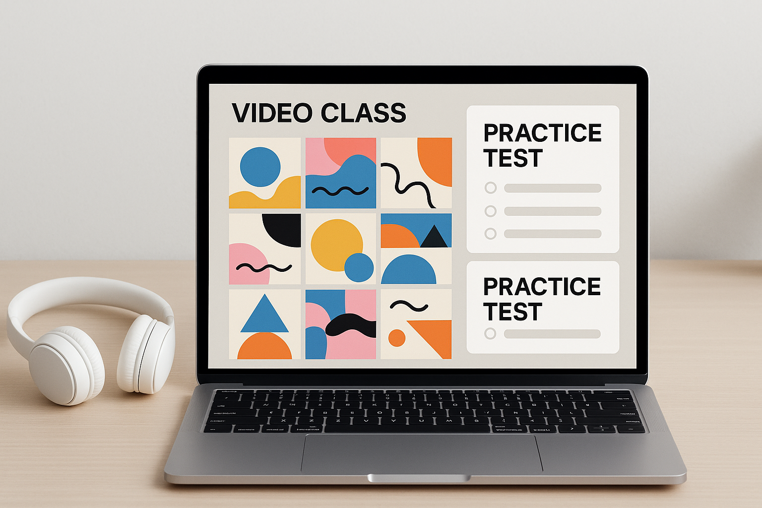 Laptop showing video class grid and practice test cards