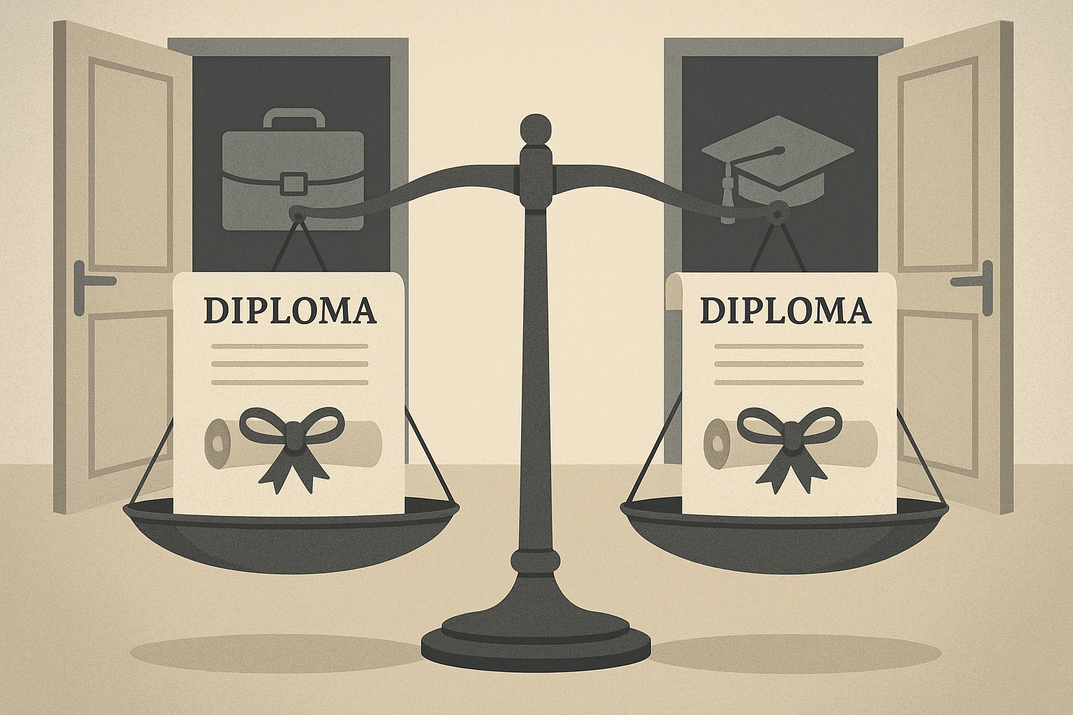 Balanced scale with equal diplomas for career and education paths