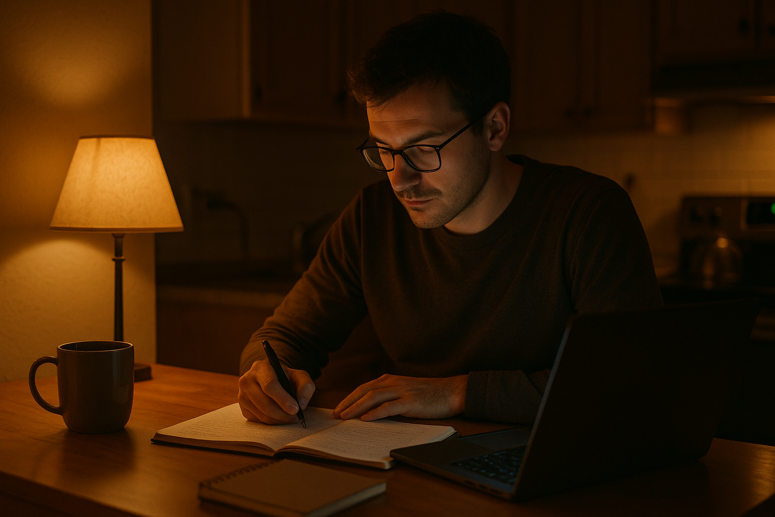 Late-night study session at kitchen table with lamp and laptop