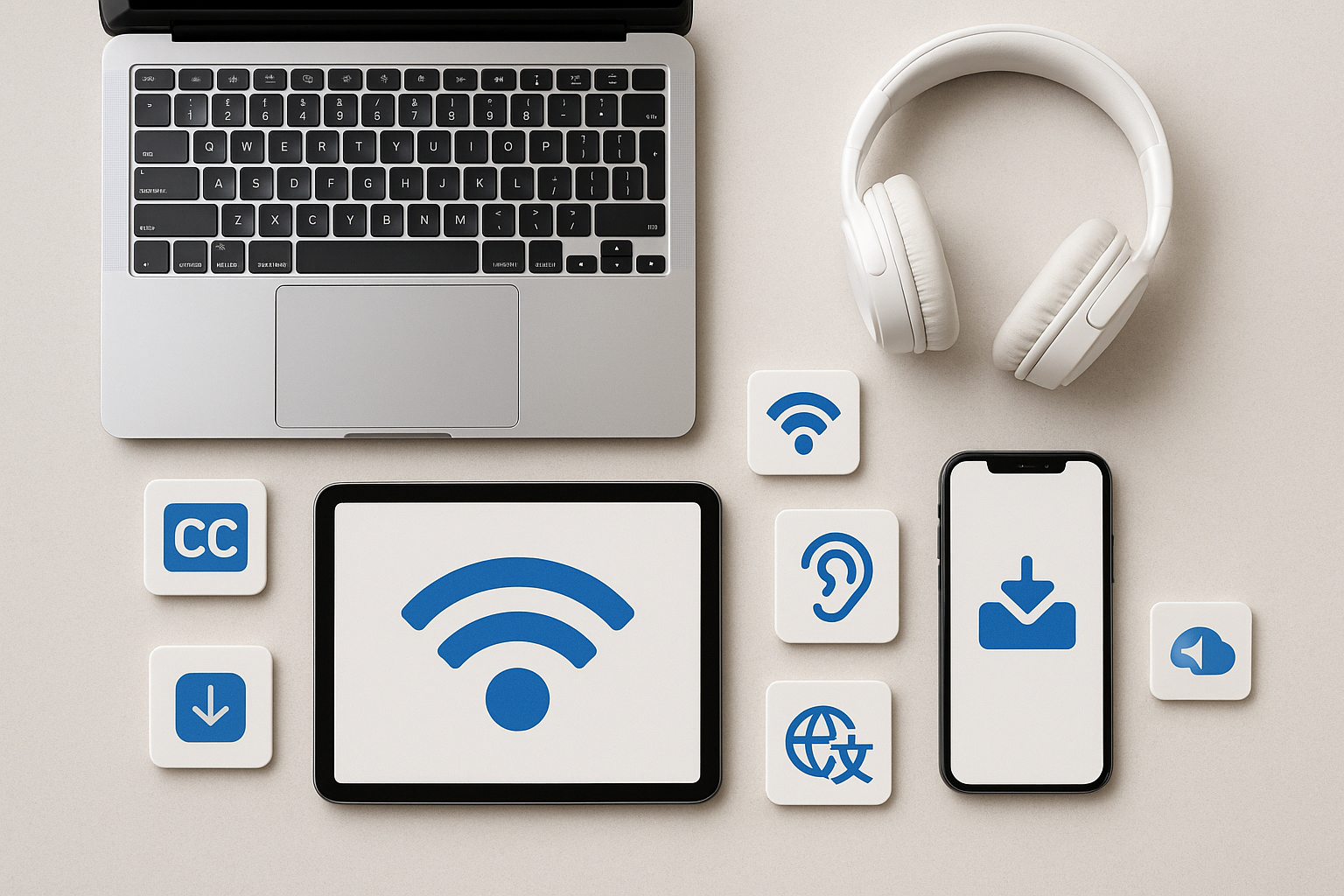 Multi-device accessibility and connectivity flat lay with offline resources