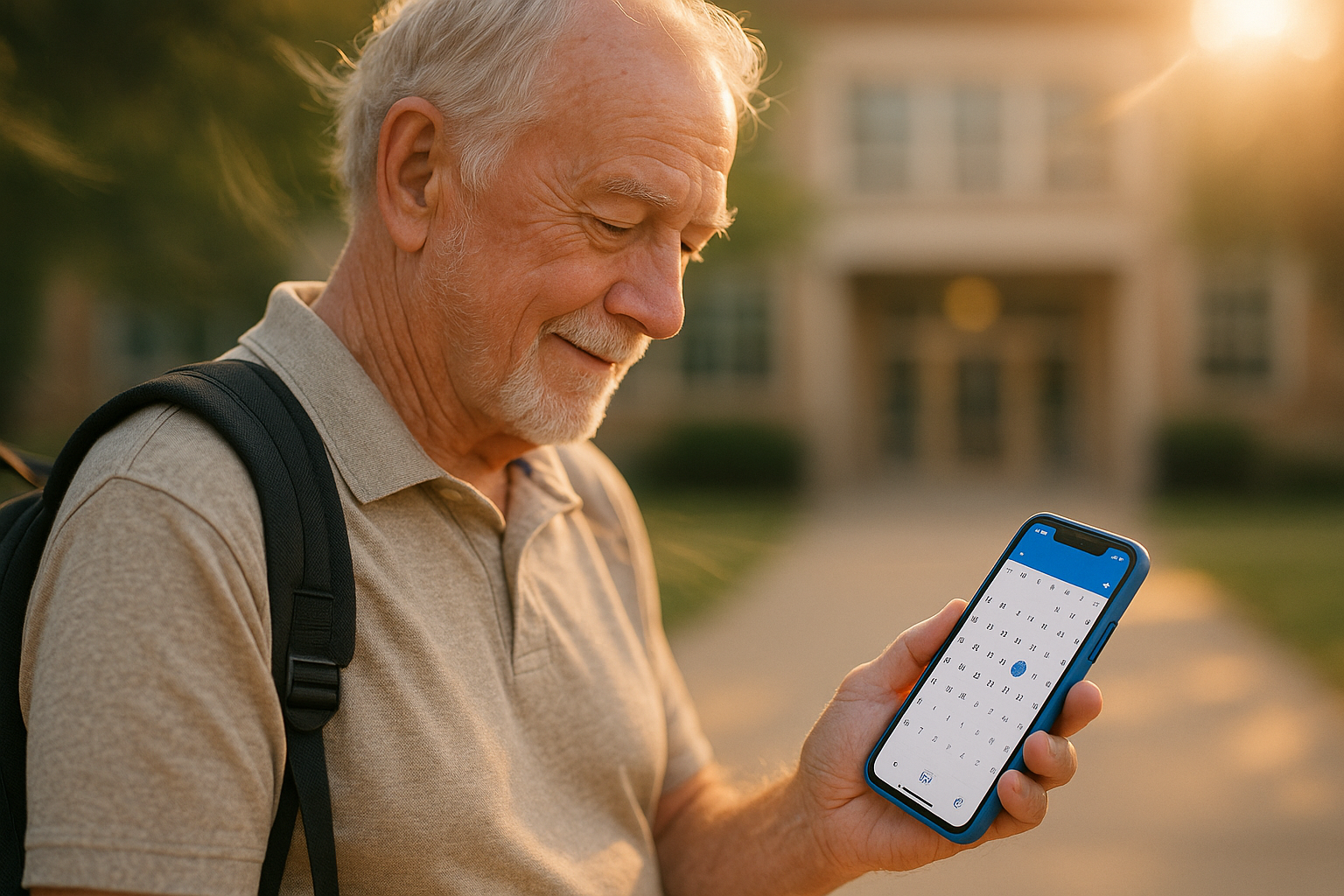 Senior student checks late-summer date on smartphone calendar