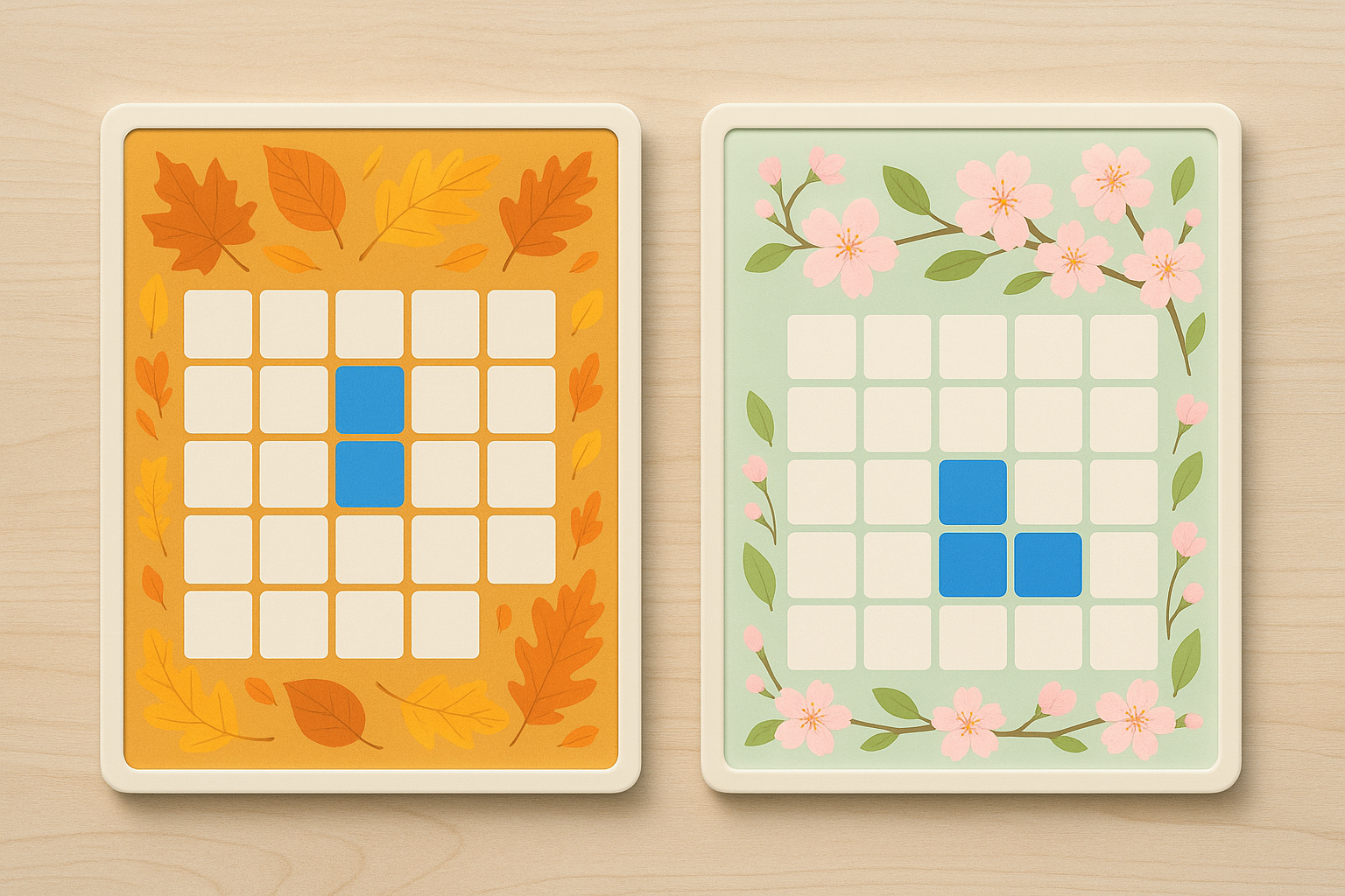 Side-by-side autumn and spring calendars with markers