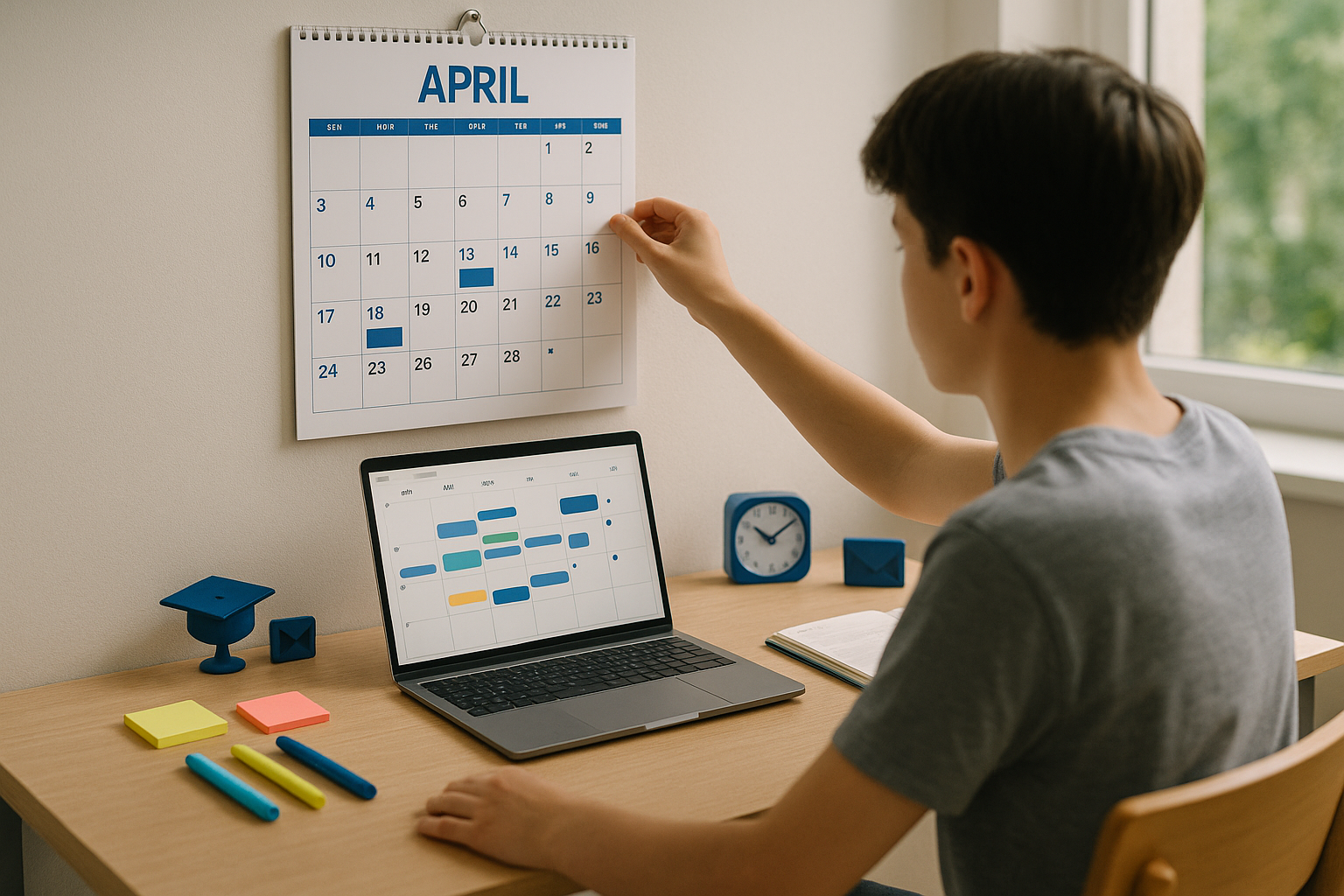 Student organizing wall and laptop calendars at a minimalist desk