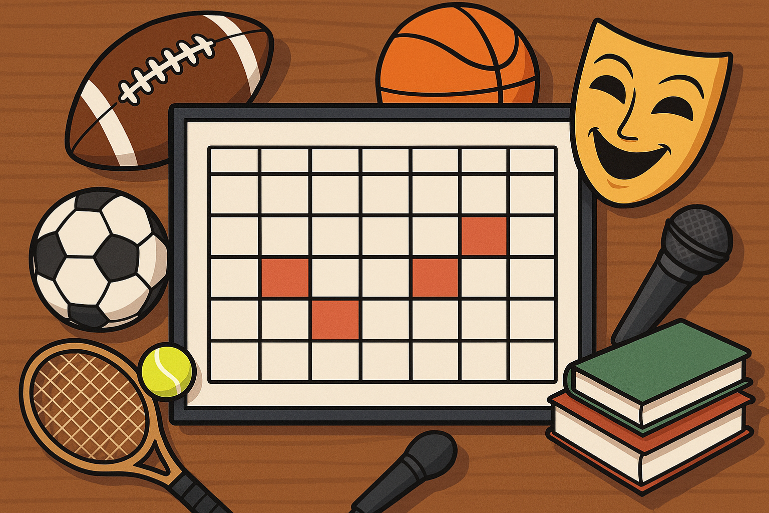 extracurricular planning calendar with sports, arts, and textbooks