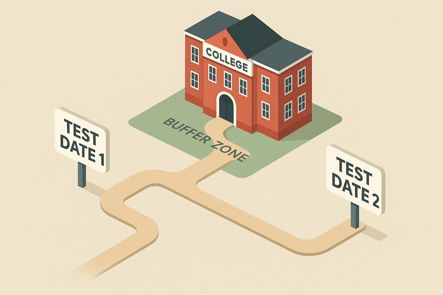 path from two test dates toward a college building with buffer zone