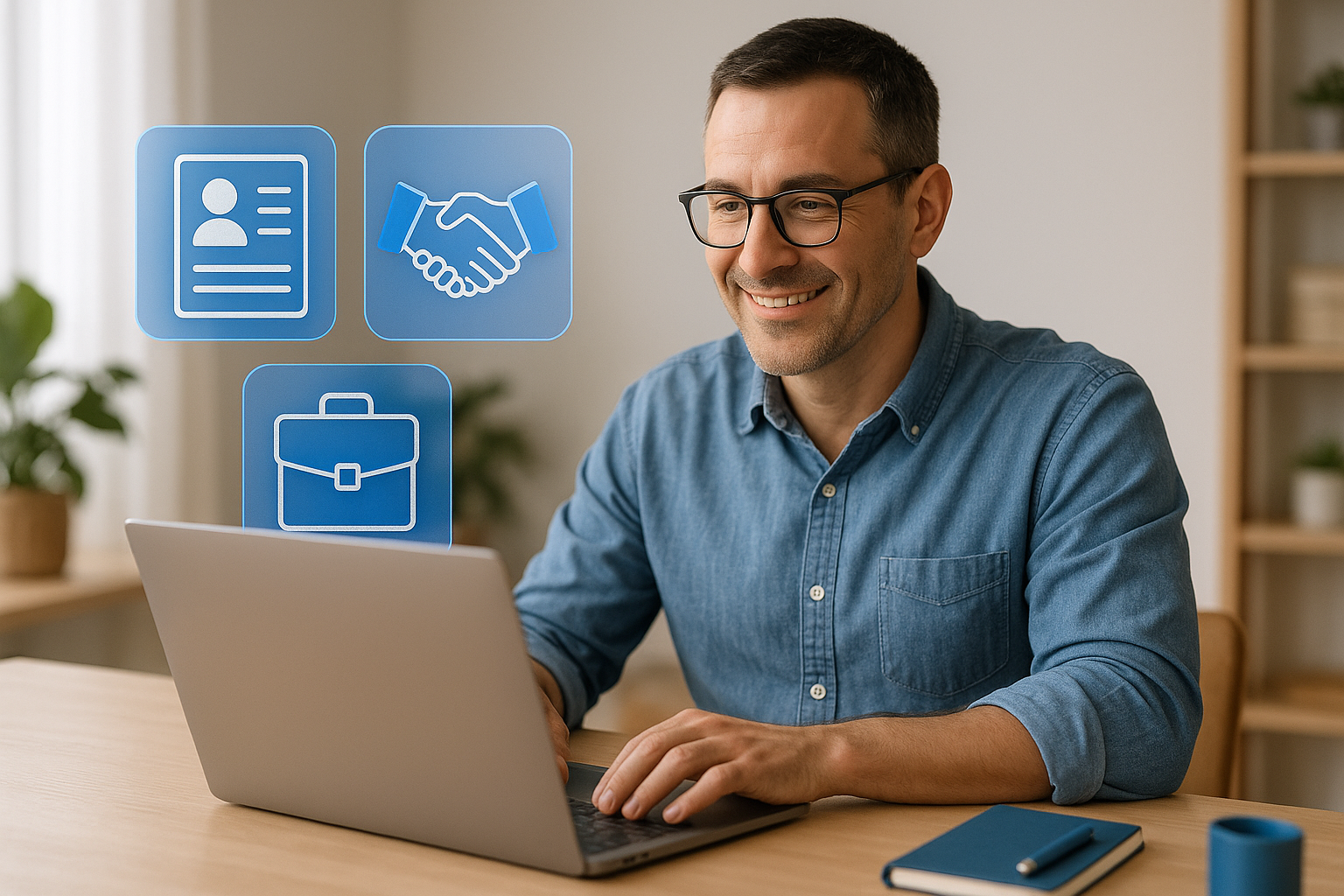 Career support for an adult learner with resume, interview, and job readiness icons