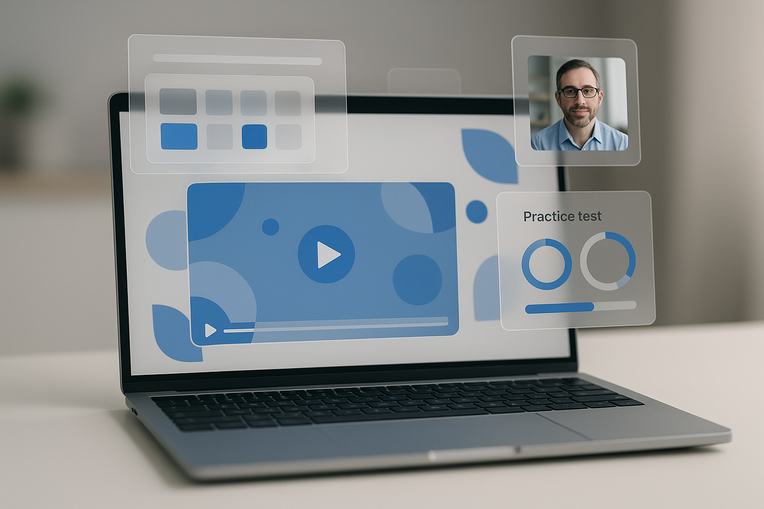 E-learning panels around a laptop showing video, quiz, progress, and a live teacher