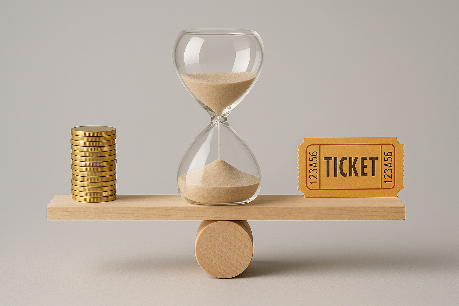 hourglass balancing a coin stack and a ticket tile