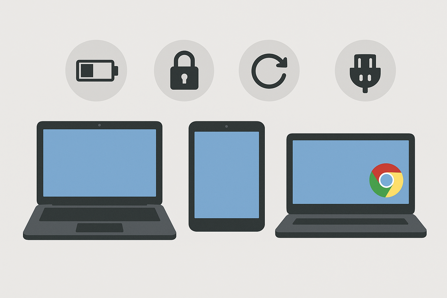 laptop, tablet, and school device with battery, lock, update, and outlet icons