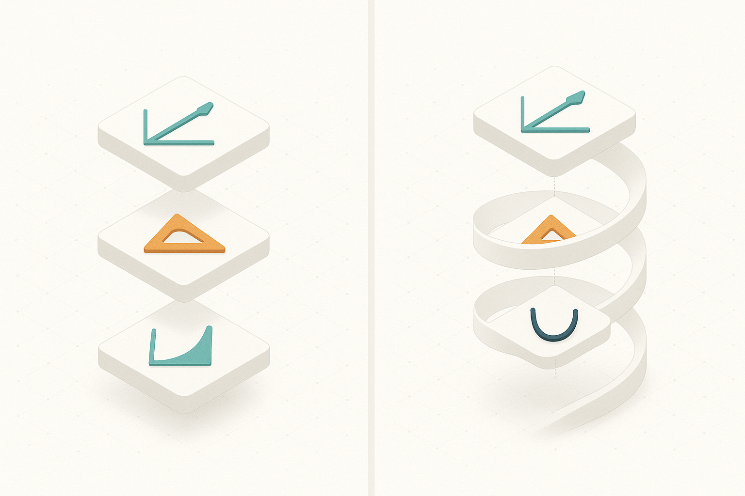 Two-panel comparison: siloed math blocks vs unified spiral pathway