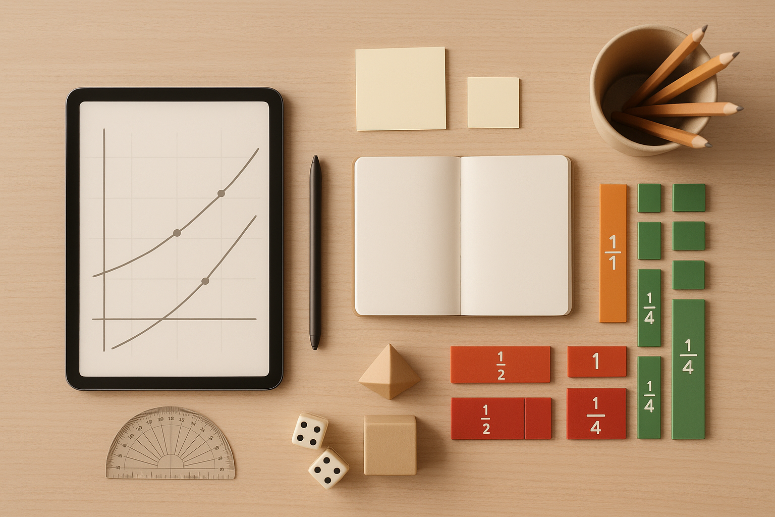 Flat lay of algebra manipulatives and a tablet displaying a graph
