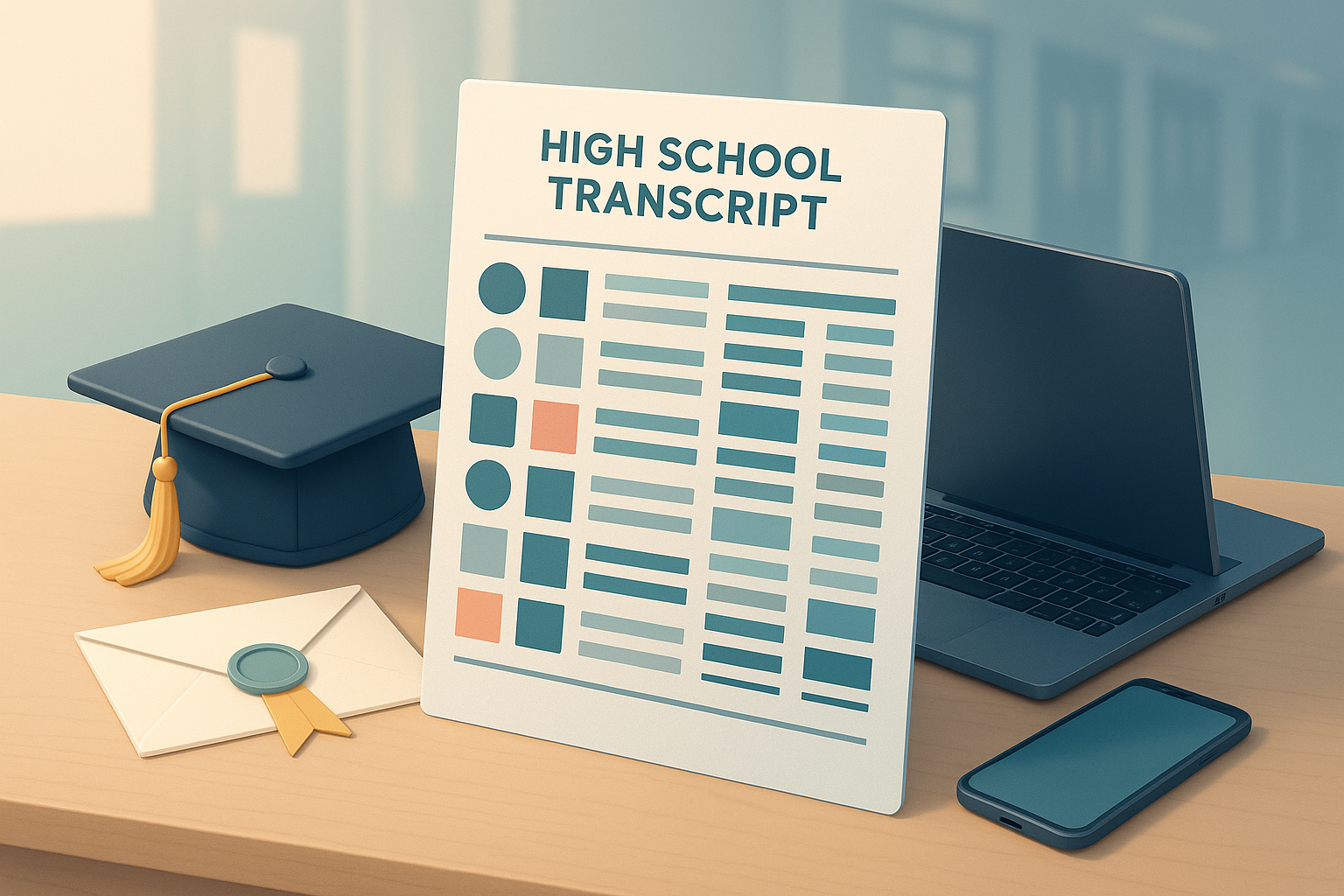 Illustration of a high school transcript with graduation cap and devices