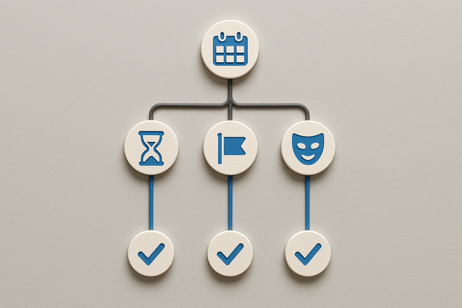 Decision-tree icons for calendar, prep time, deadlines, and commitments