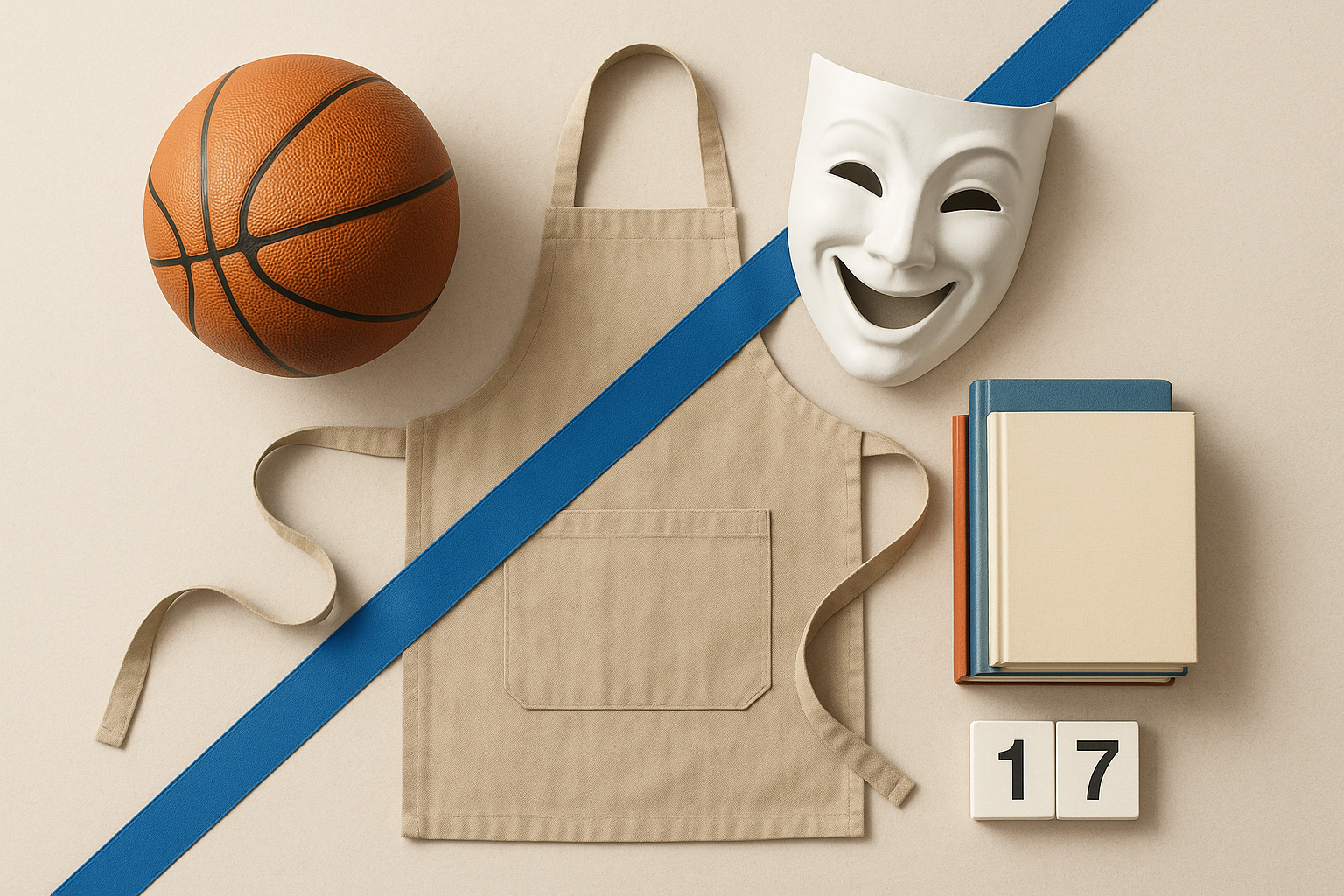 Flat-lay collage of sports ball, theater mask, apron, textbooks, and calendar