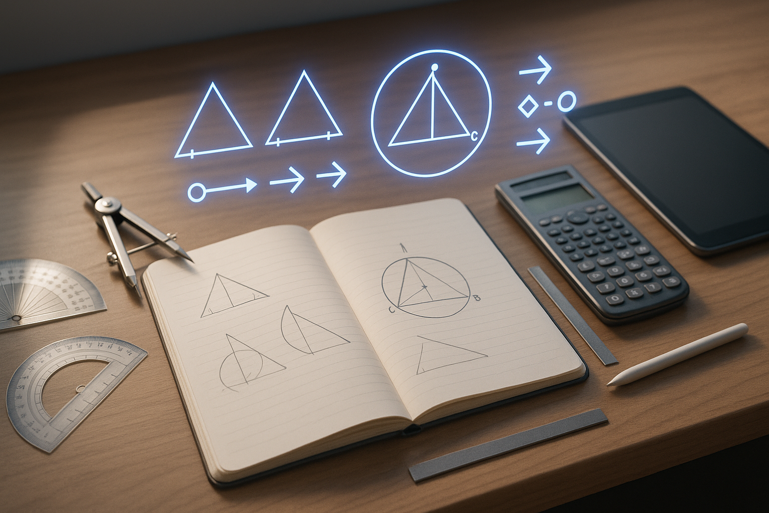 Honors geometry study desk with floating diagram overlays