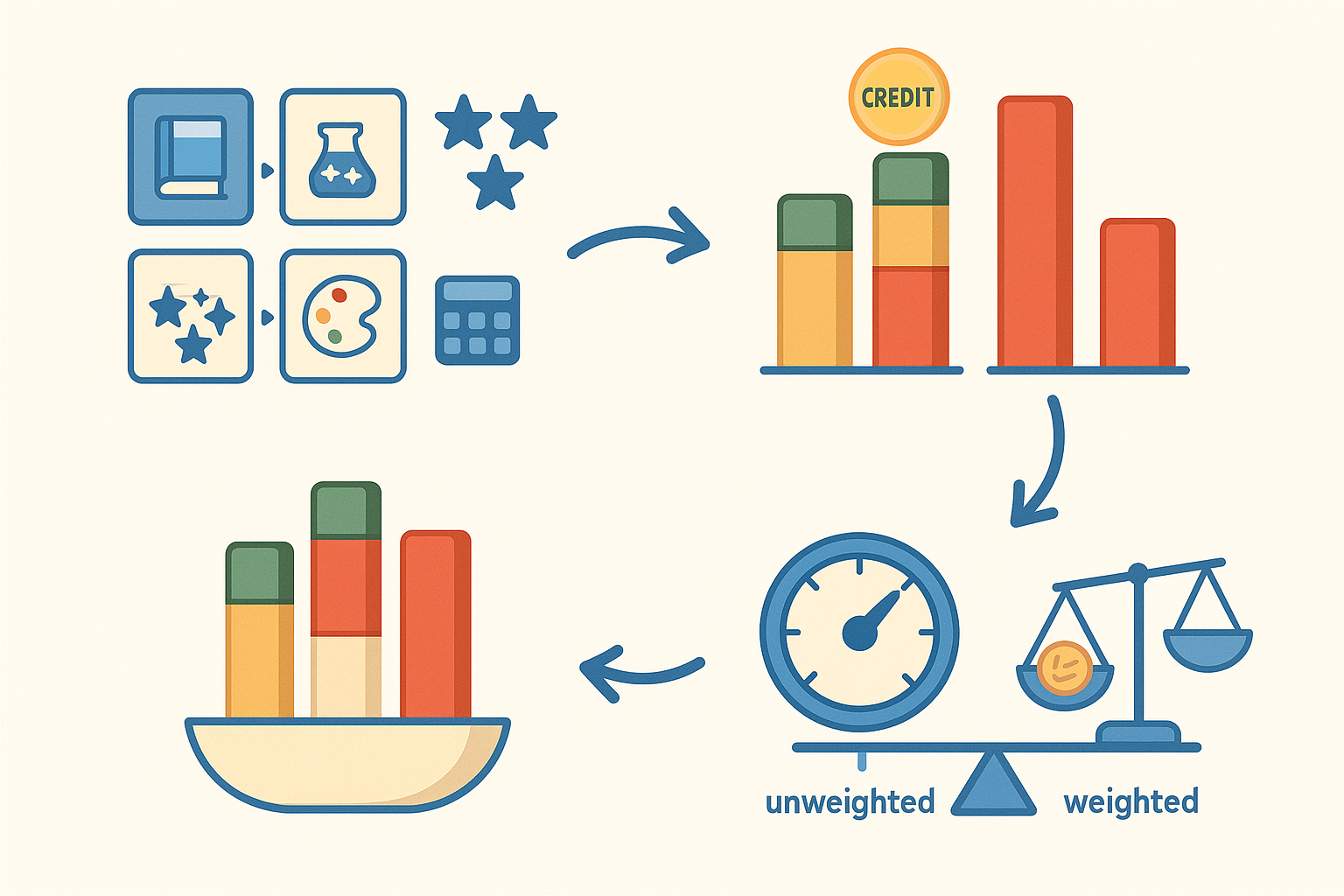 Step-by-step GPA calculation and weighted vs unweighted comparison