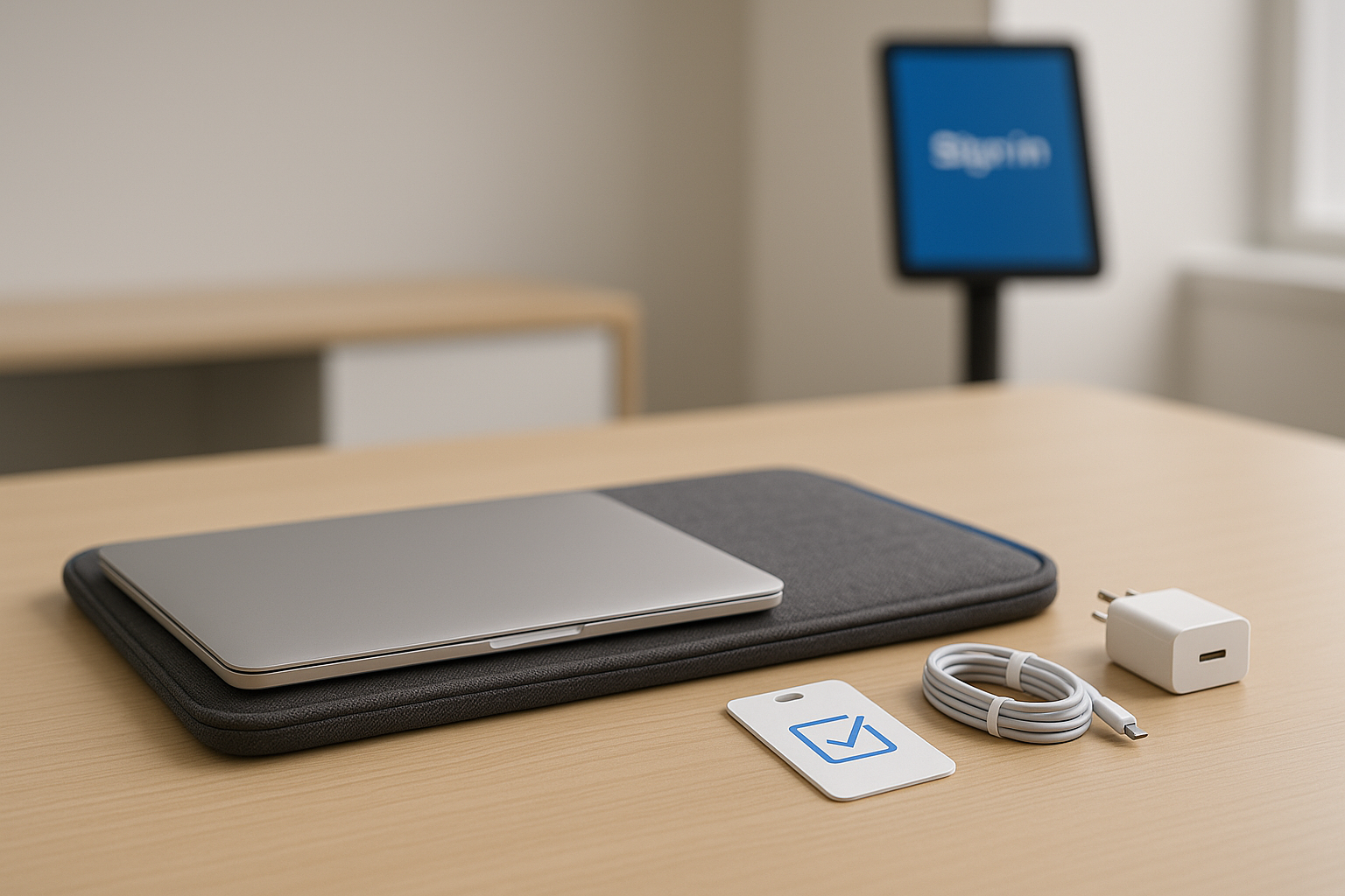 Loaner kit with laptop sleeve, ID tag, and charger