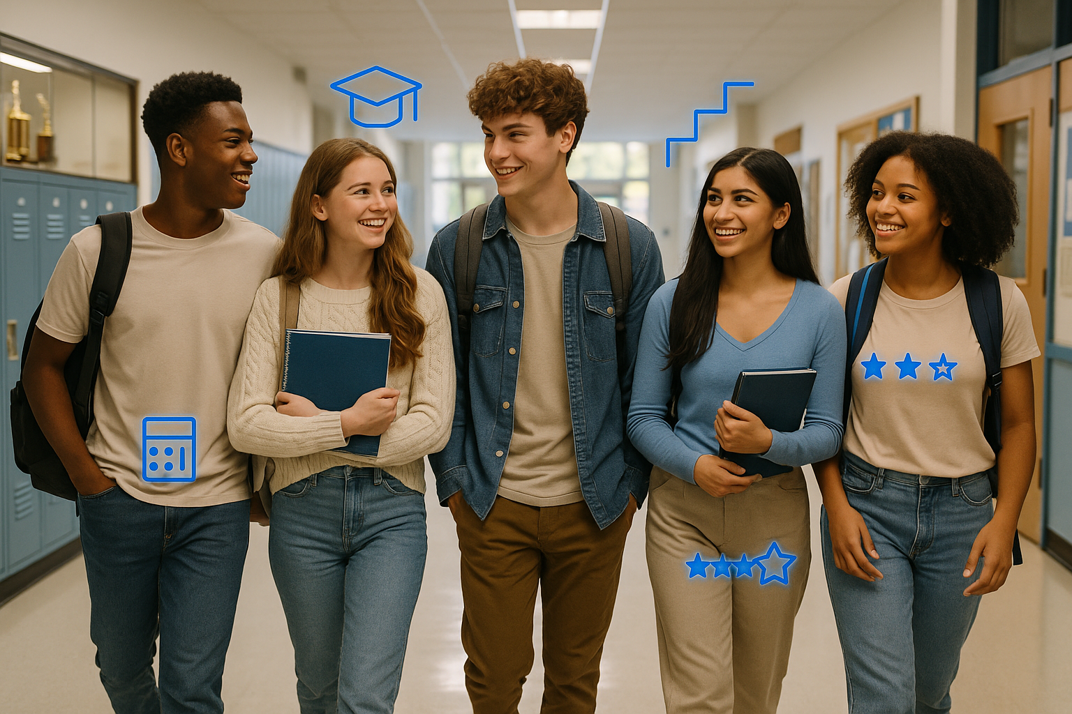 High school students with grades and progress icons
