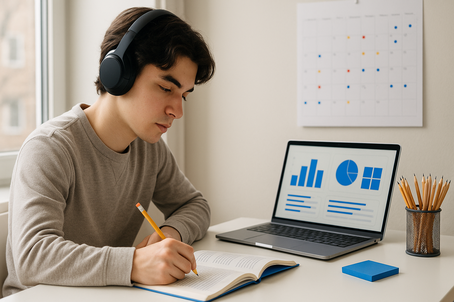 Student studying with headphones at a bright window desk