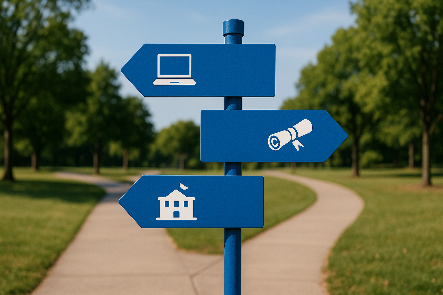 Signpost pointing to online high school, GED, and adult education