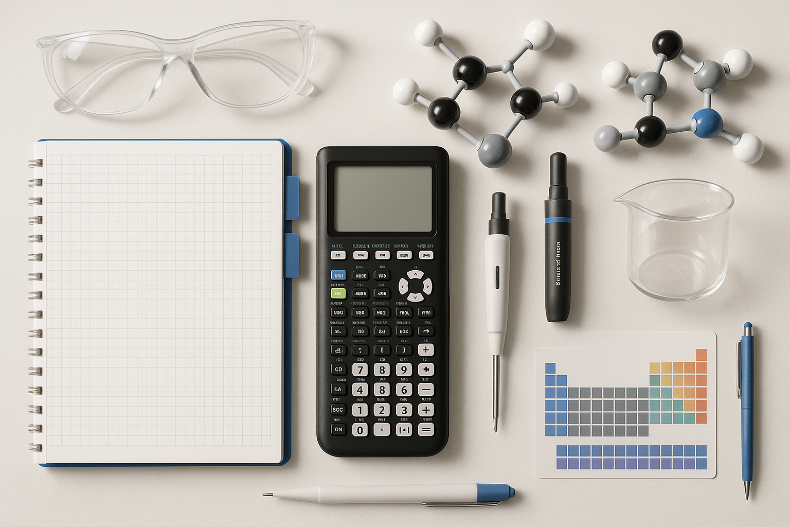 Top-down flat lay of AP Chemistry study kit essentials