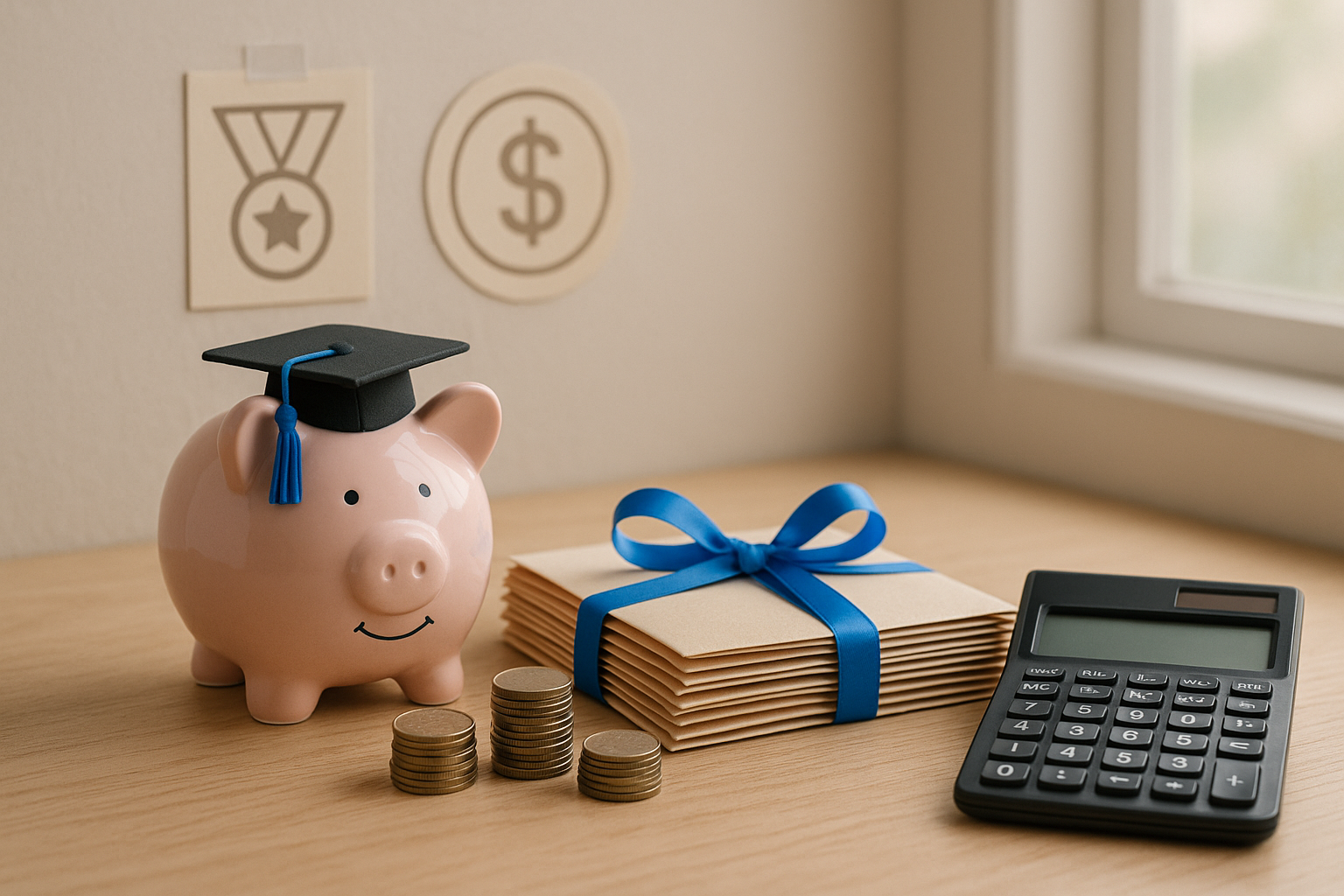 Piggy bank with coin stacks and a calculator for funding and aid