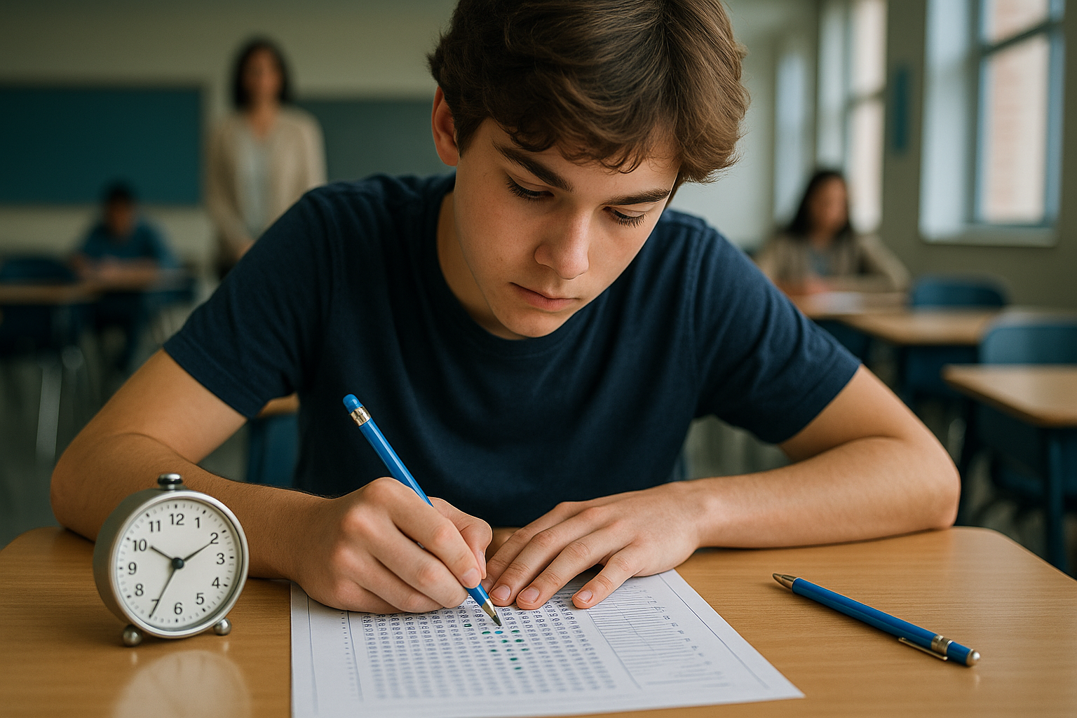 Focused student in a proctored exam with bubble sheet, analog timer, and pencil
