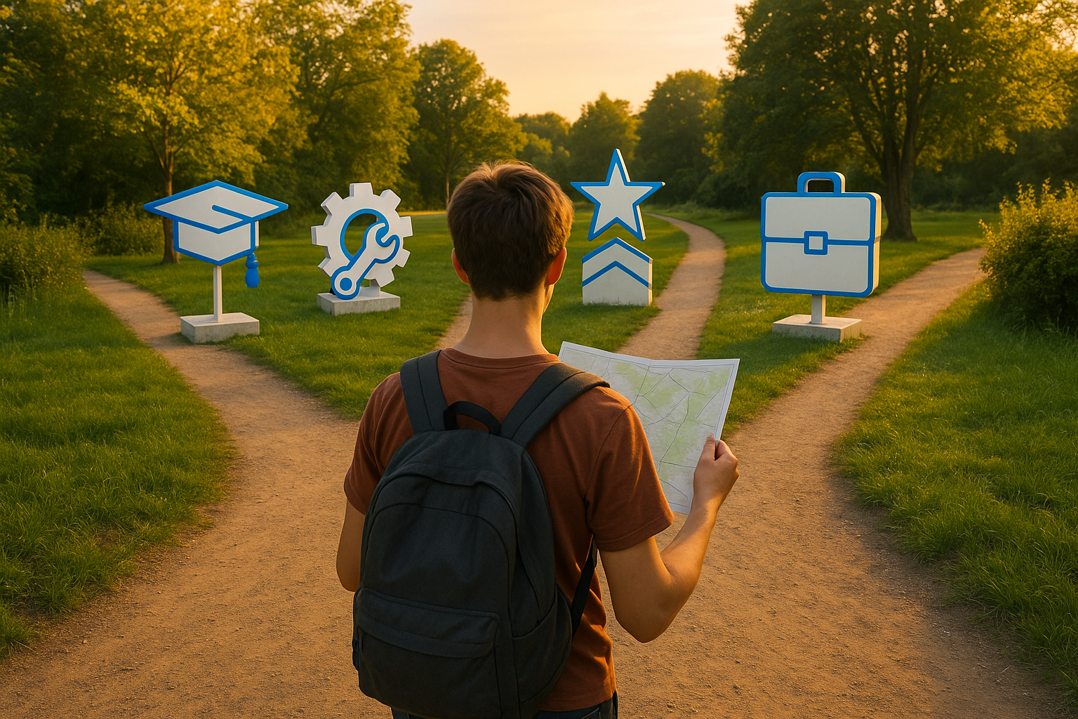 Teen at forked paths with career icons