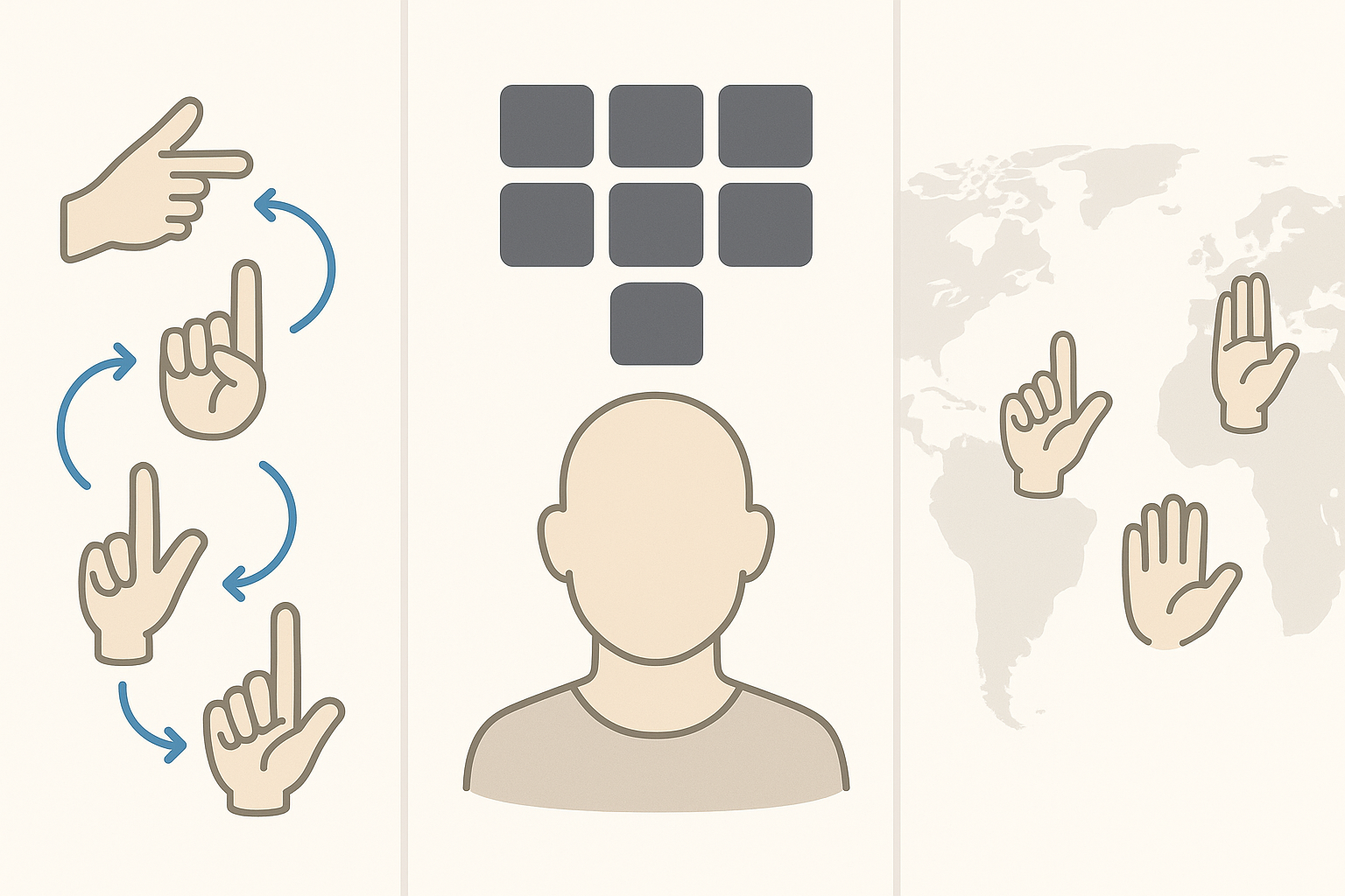 Triptych illustration of ASL grammar, Signed English, and lack of a universal sign language
