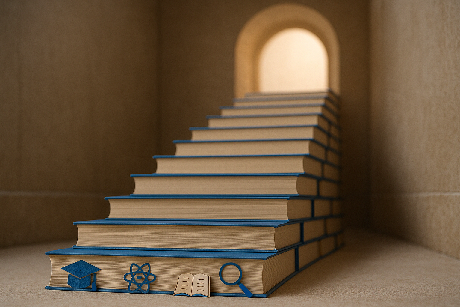 College admissions rigor depicted as an ascending book staircase