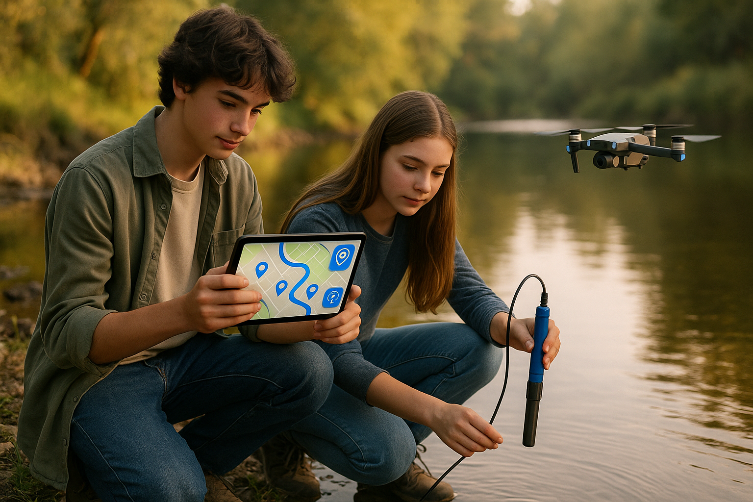 High school riverbank fieldwork with tablet, water sensor, and drone