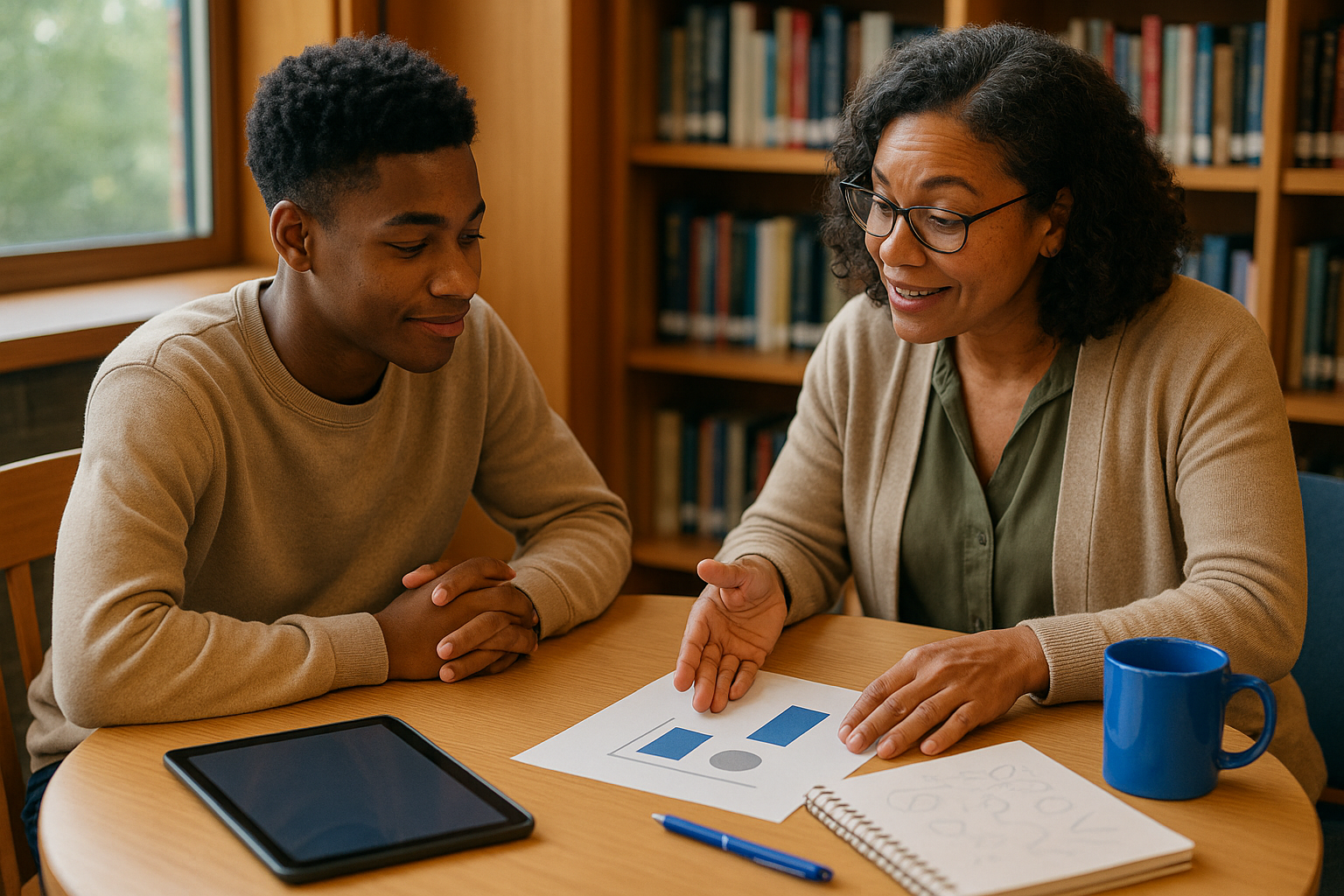 Student meeting one-on-one with a counselor and a simple chart