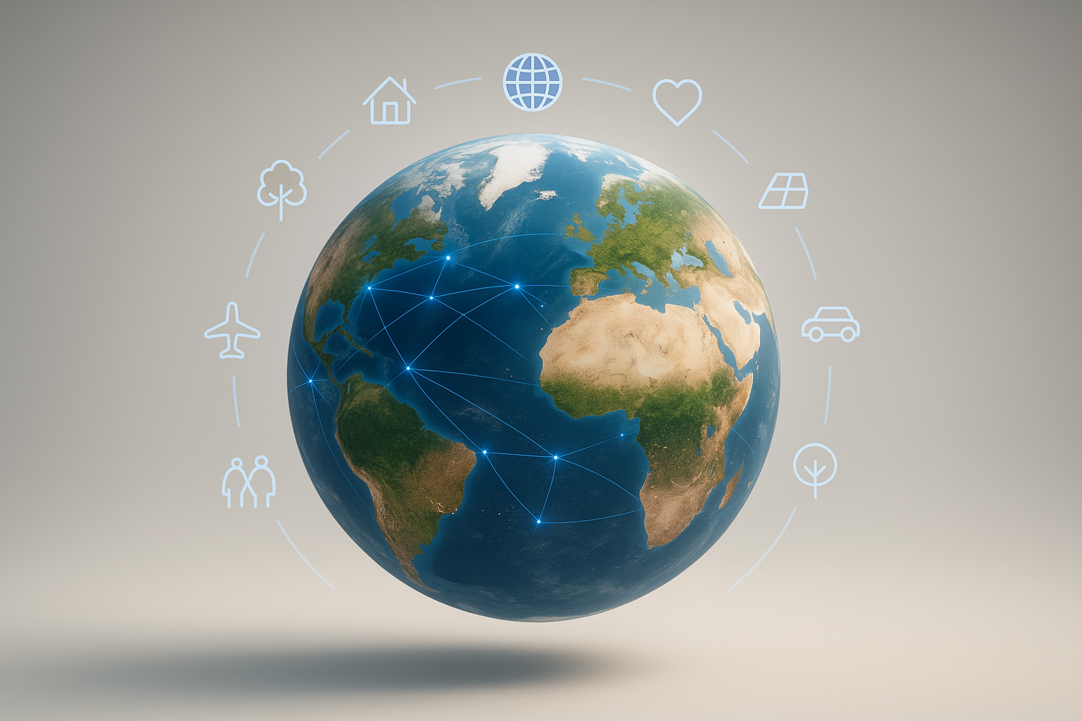 Translucent globe with luminous connectivity threads and icons