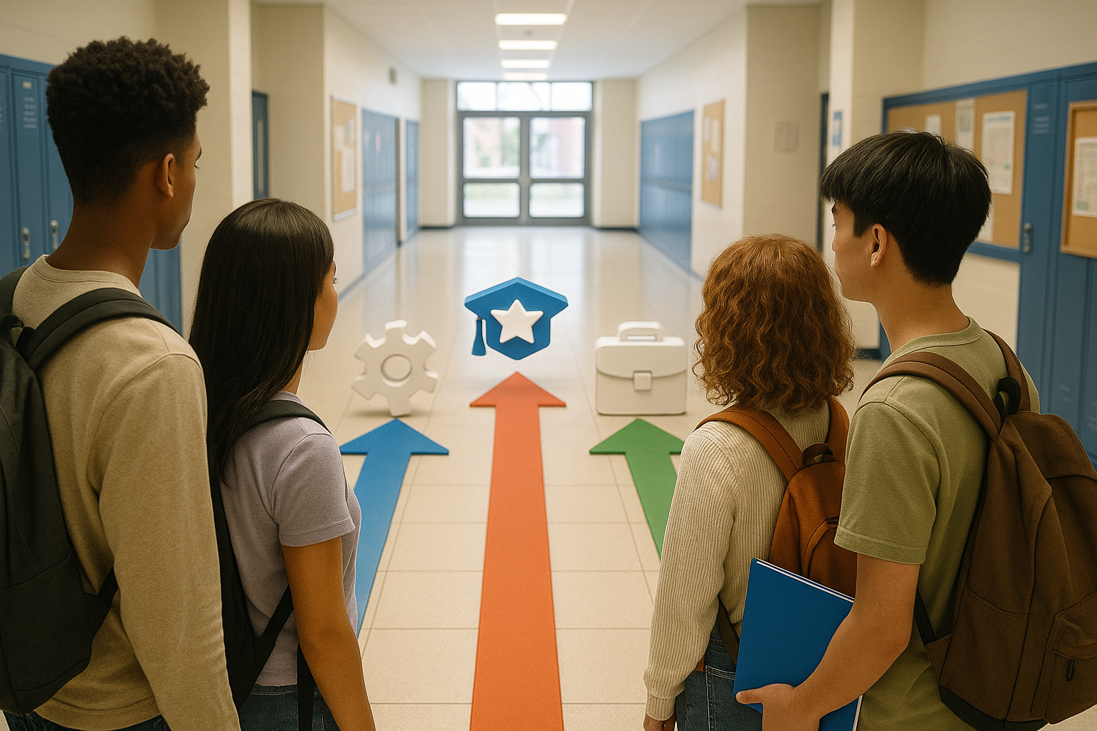 High school students at hallway crossroads with color-coded pathways