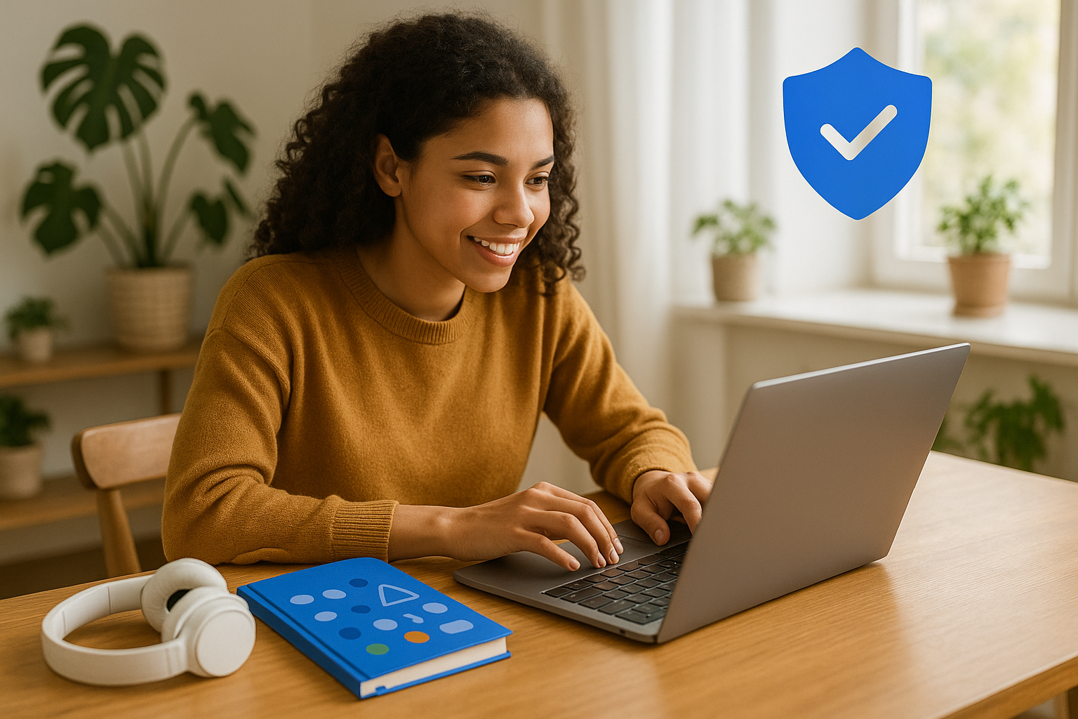 Home study workspace with accreditation shield and color-coded planner
