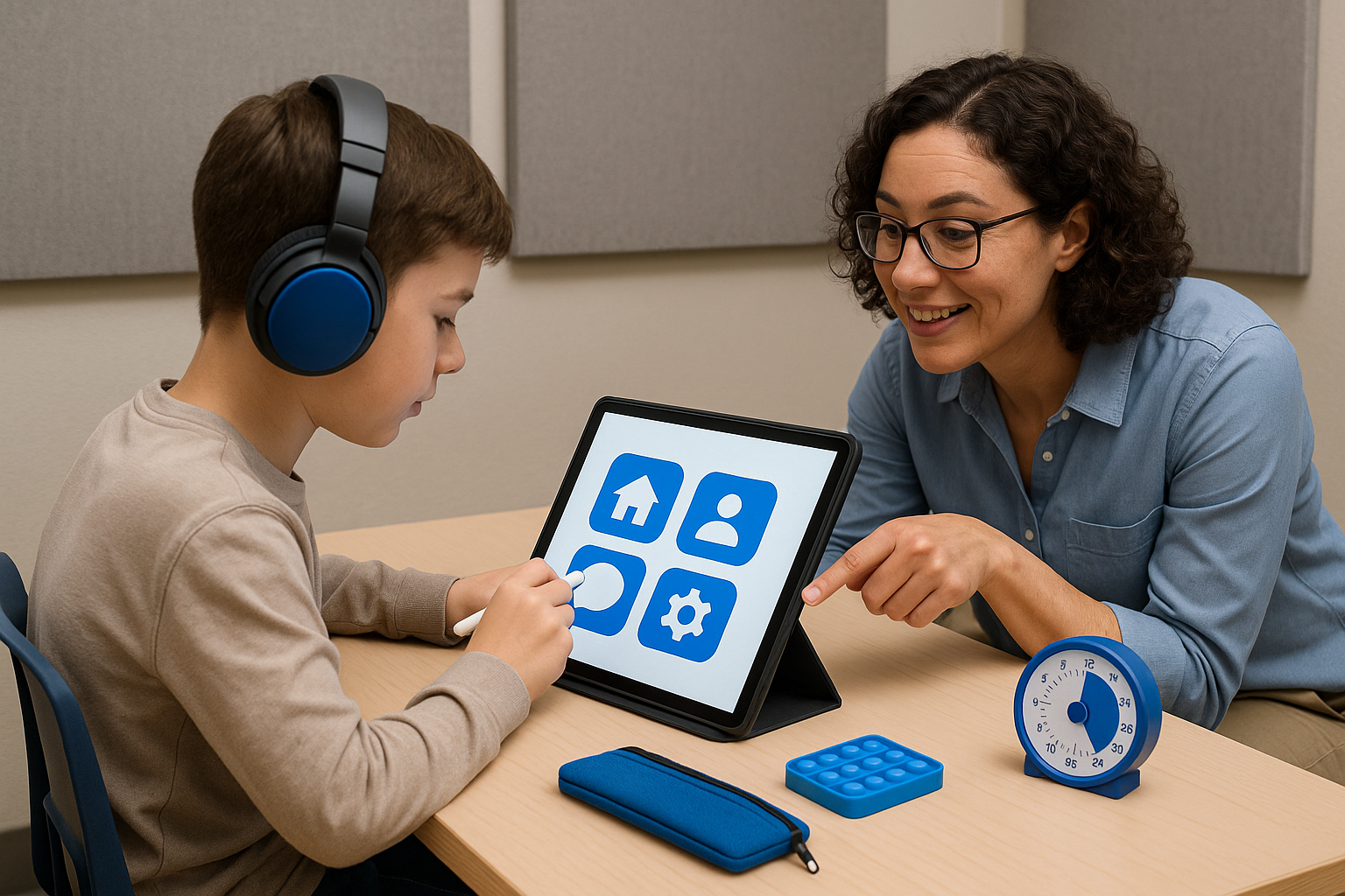 Teacher-supported inclusive assessment with tablet, headphones, and visual timer