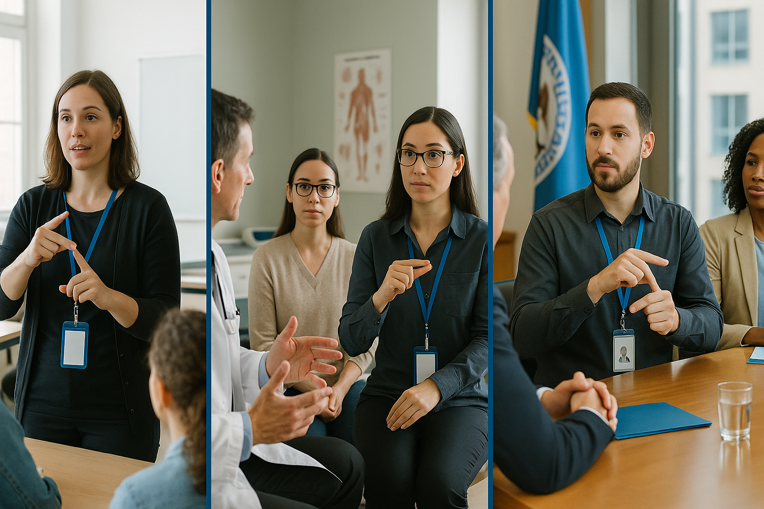 Triptych collage of ASL teaching, healthcare interpreting, and civic interpreting
