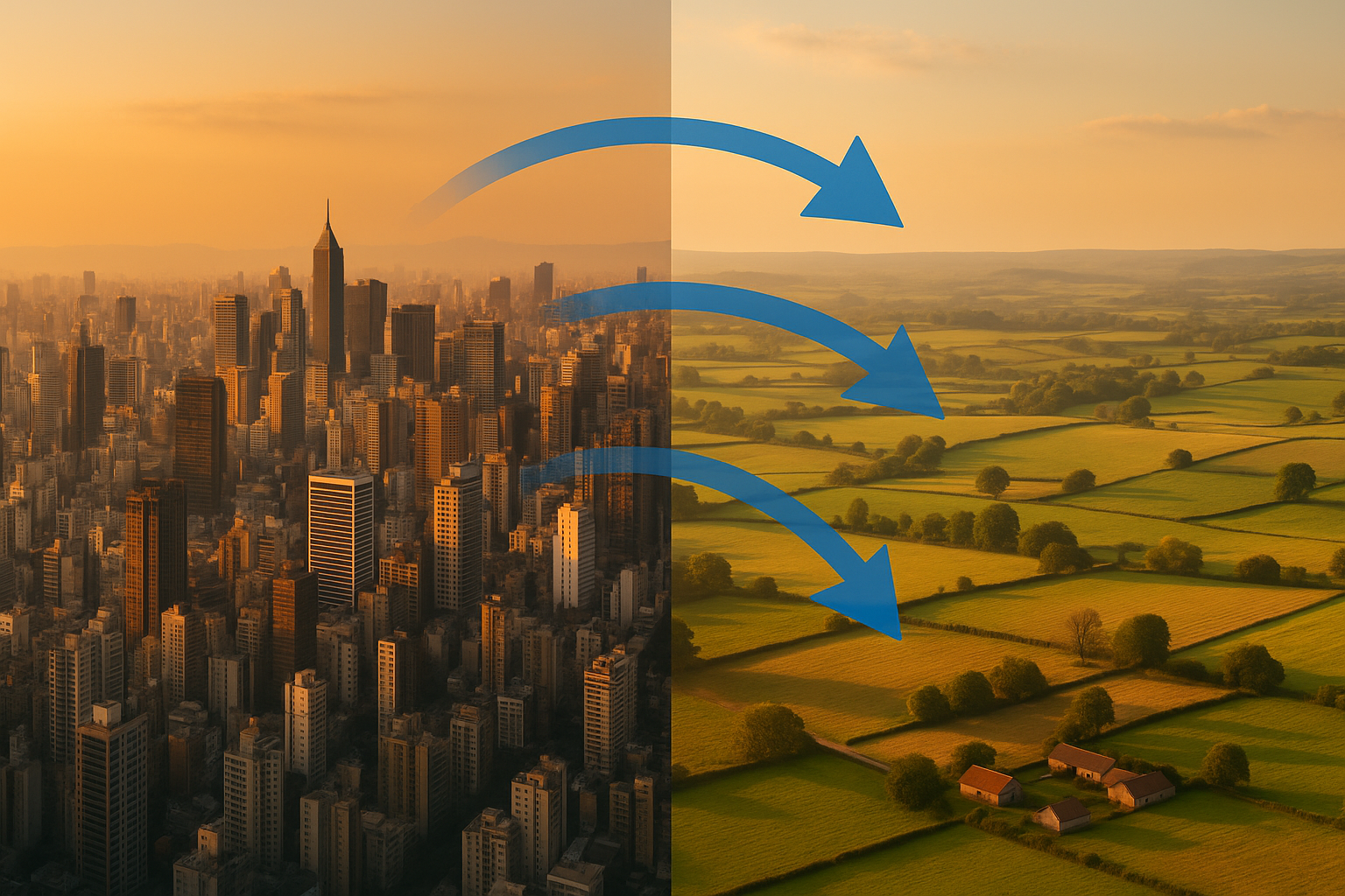 Split frame showing rural-to-urban migration from countryside to megacity