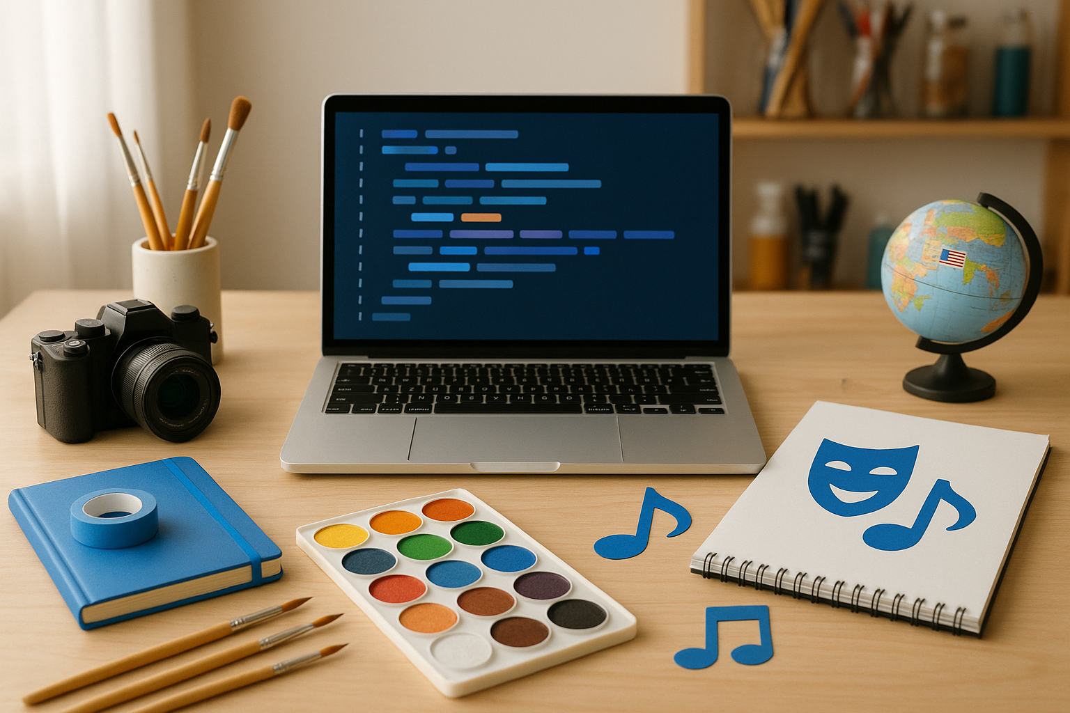 Studio workspace with multidisciplinary tools for code, art, and media